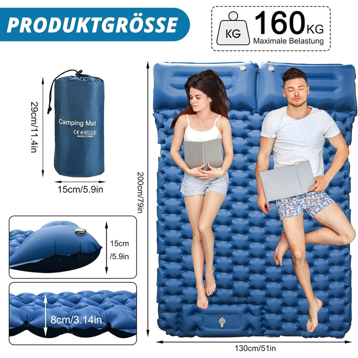 Килимок для кемпінгу Cieex Isomatte двомісний, самонадувний, легкий, водонепроникний з насосом та подушками
