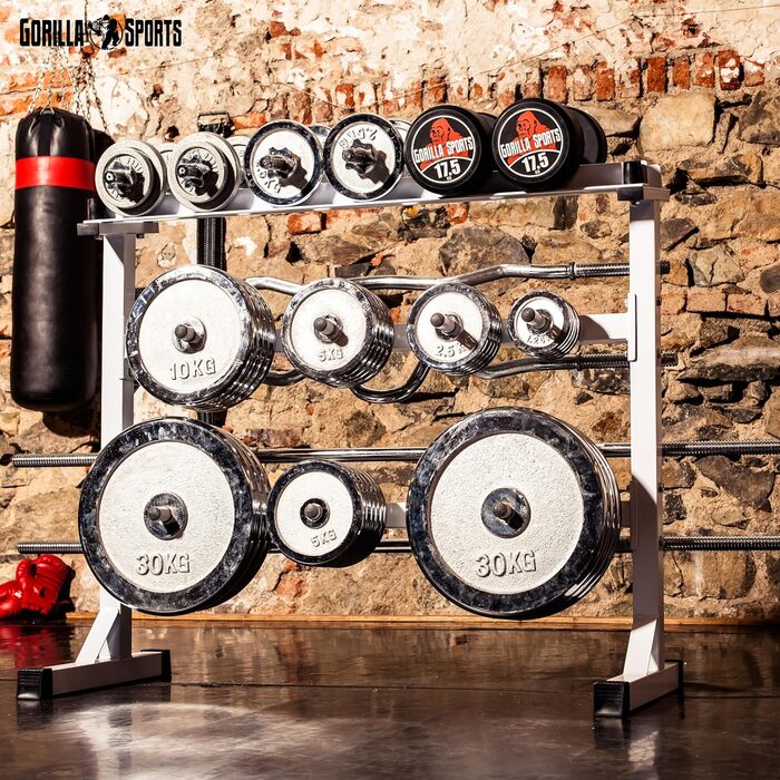 Стійка для гантелей GORILLA SPORTS, 3-рівнева, 30 мм, до 400 кг, сталева, чорна/біла/срібляста – стійка для гантелей і дисків, підставка для штанг
