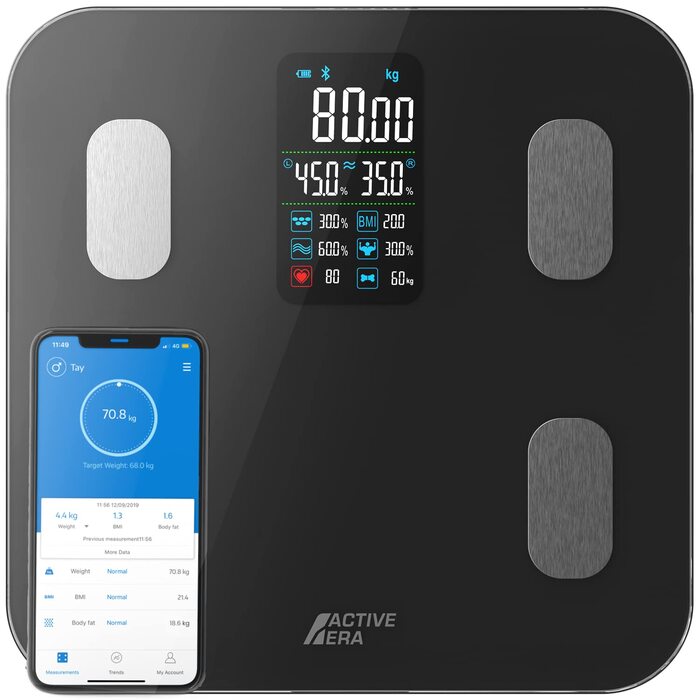 Розумна вага Active Era з Bluetooth, аналізом складу тіла, вимірюванням жиру, ІМТ, м'язової маси, води, білка та кісткової маси, 180 кг, чорна