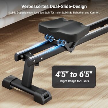 Dripex Гребний тренажер з магнітною системою опору, LCD-монітором, навантаження до 158 кг, Bluetooth, чорно-зелений