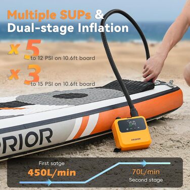 Електричний портативний насос AIRBANK PULSE Pro для SUP-дощок, каяків та човнів, 20 PSI, безщітковий двигун, помаранчевий