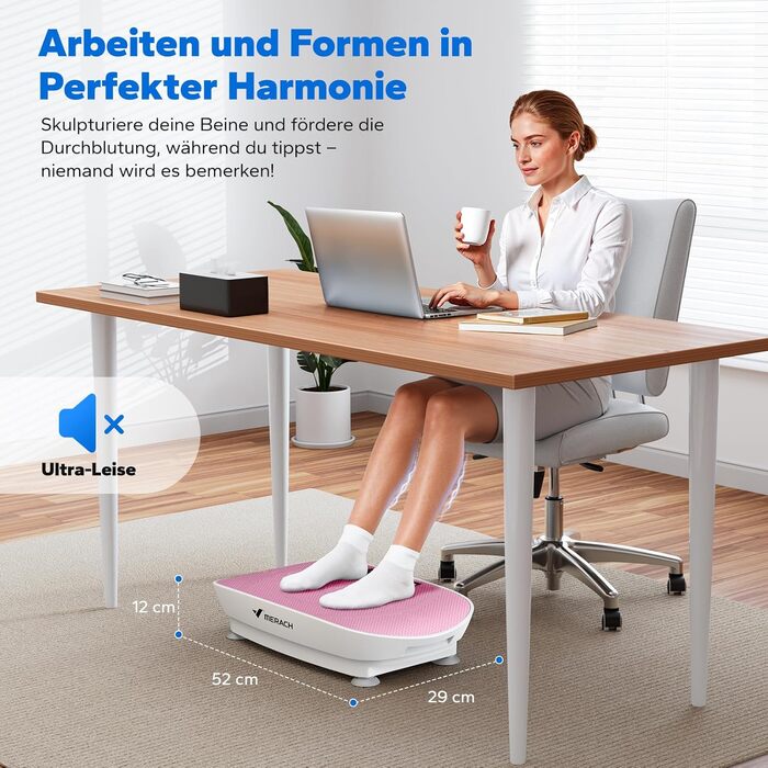 Вібраційна платформа MERACH для формування тіла та розслаблення. Тиха, компактна, з LED-дисплеєм, пульт дистанційного керування та комфортним силіконовим килимком. Рожева