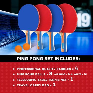 Набір для настільного тенісу Profi: 4 ракетки, сітка, 8 м'ячів, сумка. Підходить для дітей та дорослих (червоний + синій)