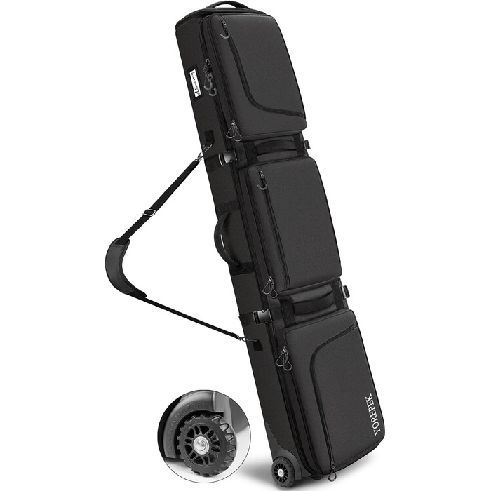 Чохол для сноуборду YOREPEK на колесах, водонепроникний, з кишенями для черевиків, розширюваний, 170 см, для 2 пар лиж/сноуборду, чорний