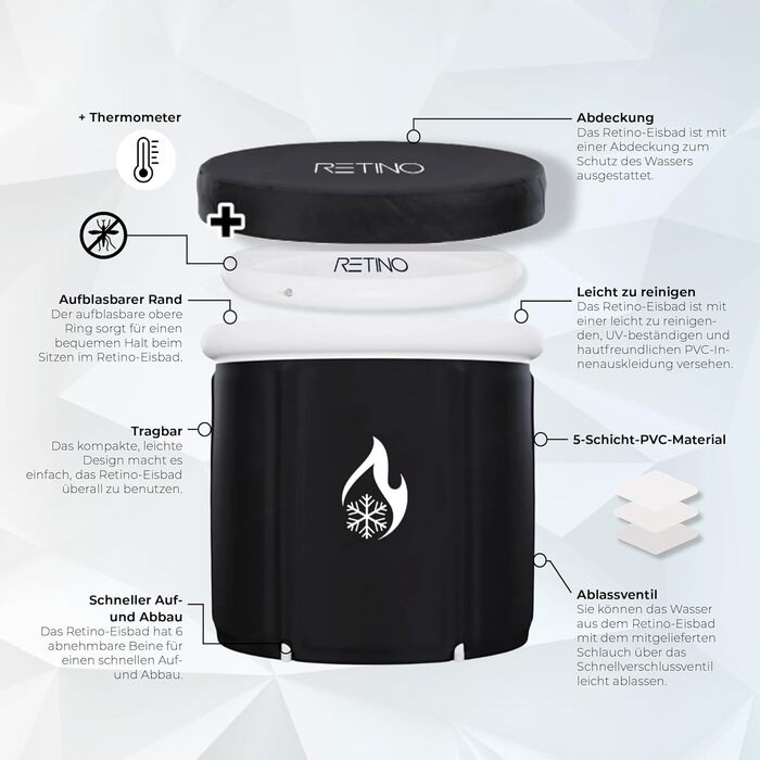 Ванна для криотерапії Retino™ XXL з кришкою, сидінням та термометром (Wim Hof Method)