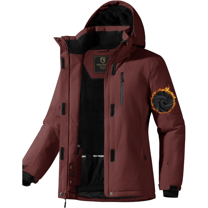 Жіноча водонепроникна куртка для сноубордингу та лижного спорту FREE SOLDIER з флісовою підкладкою, тепла зимова куртка з капюшоном, повністю проклеєні шви (XXL, Бордовий)