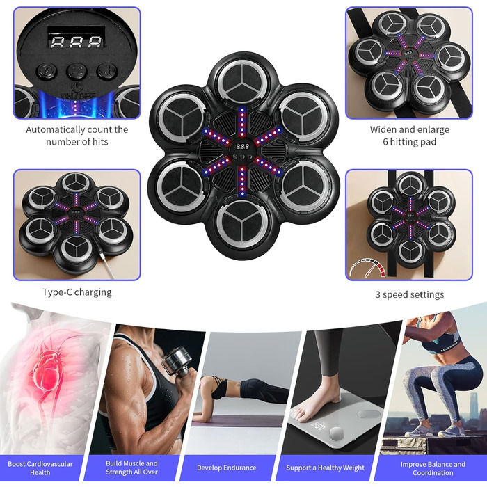 Музична боксерська машина для тренувань: Bluetooth, світлові ефекти, 3 режими, підрахунок ударів (81353)