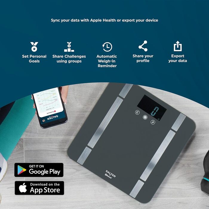 Ваги для ваги Salter SA00432FEU6 Bluetooth, максимальна вага 200 кг, 8 користувачів, підключення до Salter Health App, чорний
