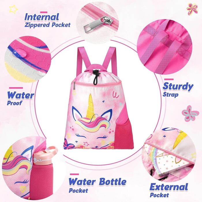 Спортивна сумка WAWSAM для гімнастики з шнурком, 38 x 45 см. Дитяча водонепроникна сумка для плавання, пляжу, покупок (Єдиноріг A002)