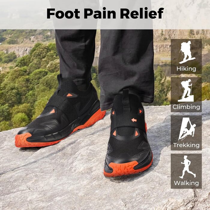 Черевики для хайкінгу FitVille для чоловіків, широкі, трекінгові, slip-on, outdoor, дихаючі, для ходьби, з антиковзкою підошвою, вільні кросівки (45 EU X-широкі, чорно-помаранчеві)
