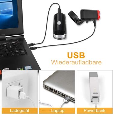 Набір велоліхтарів Opard: передній ліхтар LED, USB-зарядка, водонепроникний, схвалений StVZO, 2 режими освітлення