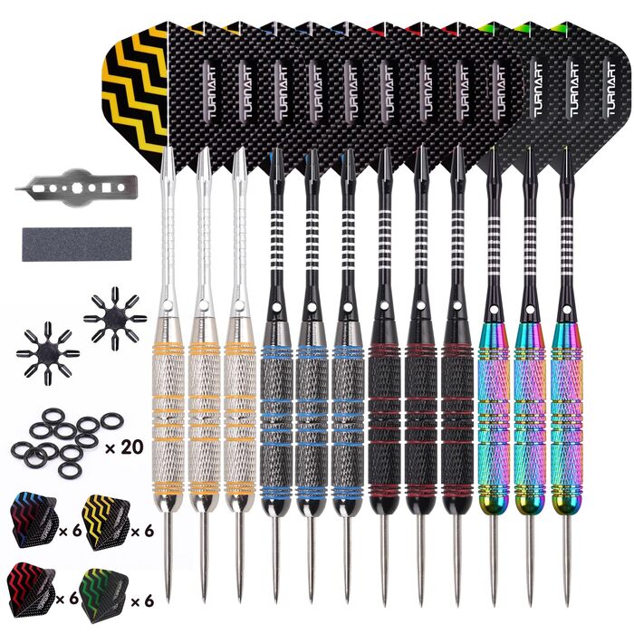 Дарти сталеві Turnart Dartpfeile, 12 шт, 24 г, професійні, з алюмінієвими дротиками та 24 пір'ями, кольорові, з гумовими кільцями