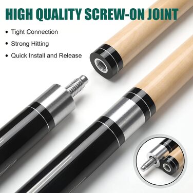 Більярдний кий Pool Queue 58 дюймів, тверде дерево, 13 мм наконечник, для професійних гравців, 1/2 кий, чорний