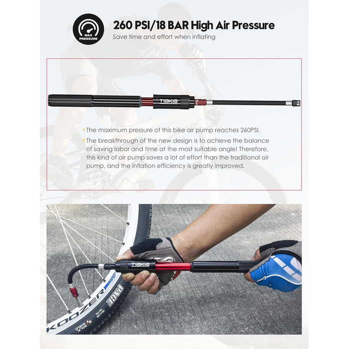 Насос для велосипеда Tiakia Mini 260PSI: компактний ручний насос для Presta, Schrader, Dunlop вентилів. Підходить для BMX, MTB, шосе, електровелосипедів. З кріпленням. Чорний.