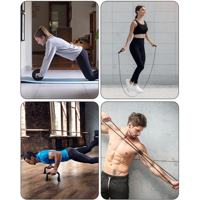 Ролер для пресу Kureny Bauchroller з набором для фітнесу: скакалка, фітнес-гумки, ручки для віджимань, захист колін. Ідеально для домашніх тренувань чоловіків та жінок