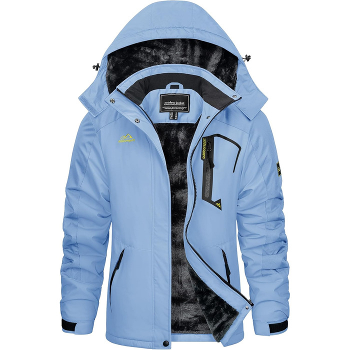 Зимова куртка KEFITEVD для жінок, тепла з підкладкою фліс, перехідна куртка, товста сноубордична куртка з капюшоном та кишенями на блискавці, вітронепроникна, світло-блакитна