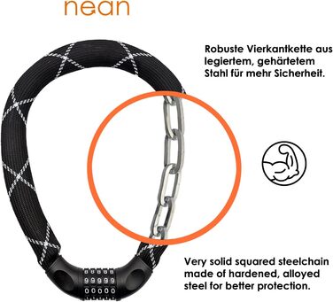 Замок для велосипеда Nean з кодовим замком, висока безпека, міцна тканинна обгортка, 6 x 6 x 900 мм, чорний