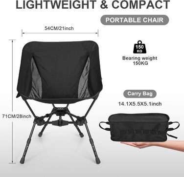 Складний туристичний стілець TOPCHANCES для кемпінгу та відпочинку на природі, чорний. Максимальне навантаження: 150 кг, з бічною кишенею та дихаючою сіткою.