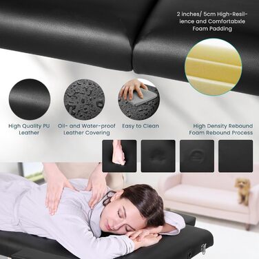 Складаний мобільний масажний стіл BODIOO з дерев'яними ніжками, 2 зони, регульована висота, до 250 кг, чорний