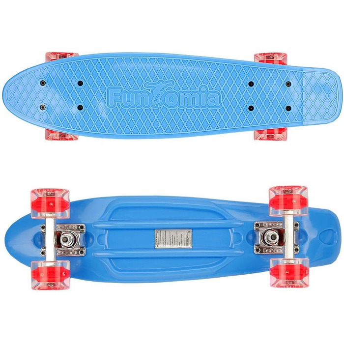 Скейтборд FunTomia Mini-Cruiser 57 см з LED підсвіткою, алюмінієвими траками ABEC-9 та T-інструментом, блакитний з червоними колесами