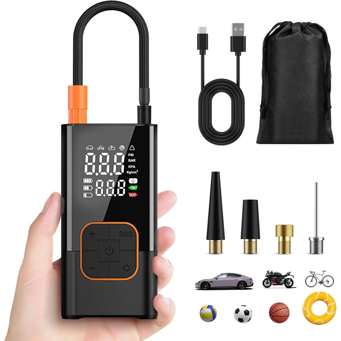 Міні електричний насос 6000mAh, портативний компресор 150PSI з LED, для велосипеда, авто, мотоцикла, м'ячів, універсальні насадки