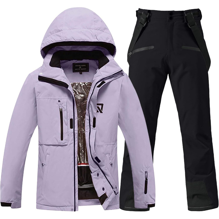 Жіночий сніговий костюм HOUZONIY: комплект куртки та штанів для катання на лижах та сноуборді, водонепроникний, теплий, знімний капюшон, розмір L, колір: фіолетовий+чорний 2021