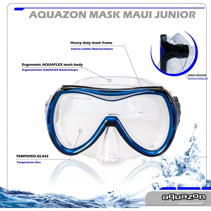 Дитяча маска для плавання AQUAZON Maui, 7-12 років, загартоване скло, м'який силікон