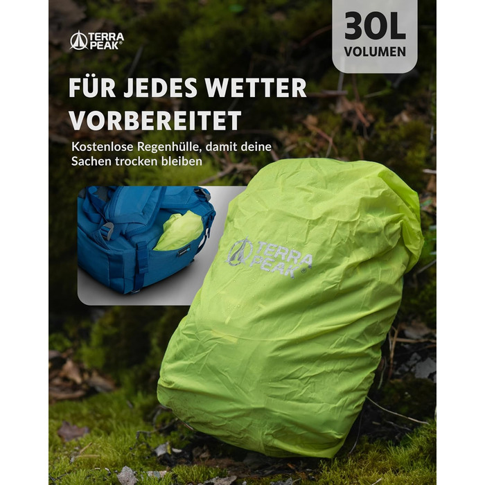 Туристичний рюкзак Terra Peak Flex 30L з вентиляцією спини, дощовиком і тримачем для питної системи – середній преміум-рюкзак для походів, 3D Air Mesh, поясний ремінь
