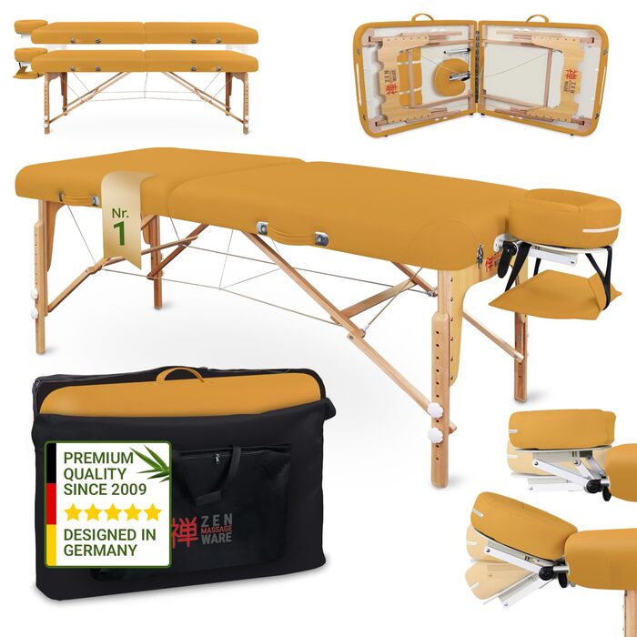 Zen Mobile Масажний стіл: компактний, складний, регульований. З кутовими закругленнями, підголівником, підлокітниками та кишенею (Сафранове жовте)