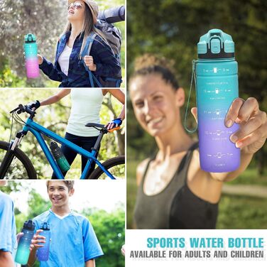 Спортивна пляшка для води 1л/500мл/700мл/1500мл Tritan, BPA-free, з маркуванням часу - для фітнесу, велосипеда, йоги, школи, тренажерного залу. Кольори: темно-зелений, темно-синій, синьо-фіолетовий (1000 мл, синій)