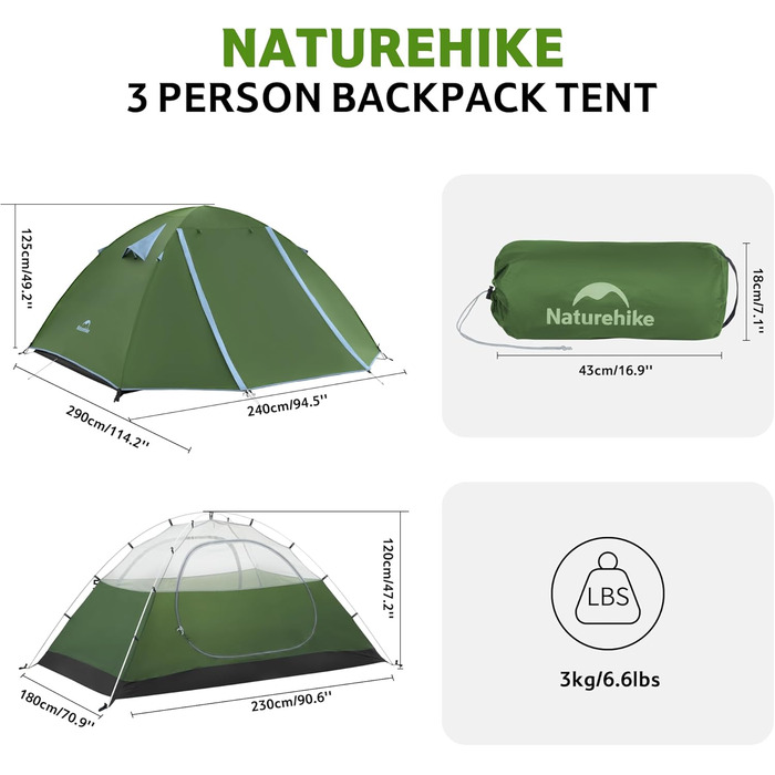 Намет Naturehike Bleik Ultraleicht 2-3 особи для кемпінгу, трекінгу та велотуризму (240x290x125 см, Зелений)