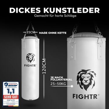 Боксерський мішок FIGHTR®: міцний та довговічний | Комплект з 4-х точковою сталевою ланцюгом для боксу, кікбоксингу, MMA, муай-тай та інших єдиноборств (порожній, білий)