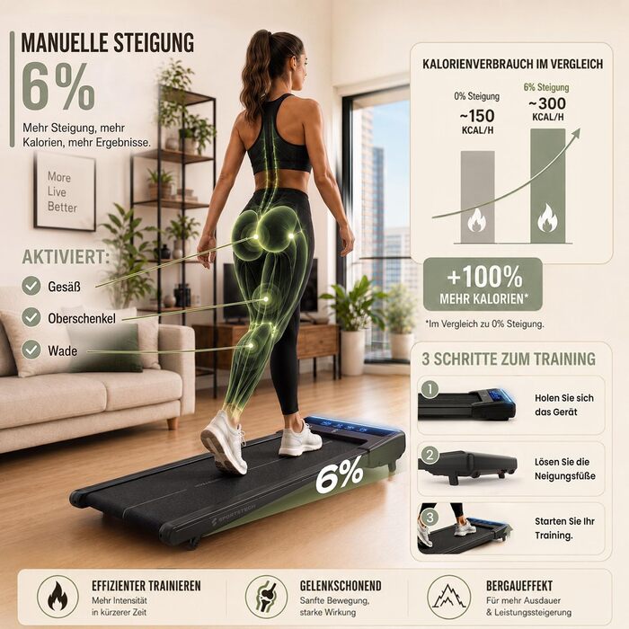 Бігова доріжка Sportstech sWalk Lite Walking Pad для дому та офісу, нахил 6%, до 6 км/год, LED-дисплей, керування через додаток та пульт, компактна, до 150 кг, чорна
