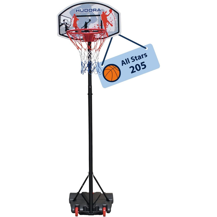 Баскетбольний кошик HUDORA All Stars 205, регульований, з підставкою для дітей і підлітків, мобільний вуличний баскетбольний кошик на колесах для саду
