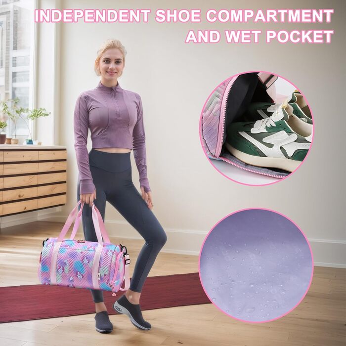 Спортивна сумка для дівчаток з єдинорогом, водонепроникна сумка для плавання з відділенням для взуття та мокрих речей, маленька дамська сумочка, спортивна сумка для подорожей, фітнесу, школи, плавання, рожева