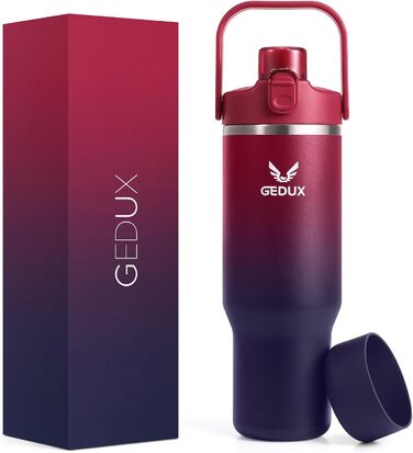 Спортивна термобутилка GEDUX IceFlow Flip Straw 1 л із трубочкою, зберігає холод понад 12 годин, герметична, BPA Free, для води, червоно-чорна, підходить для посудомийки