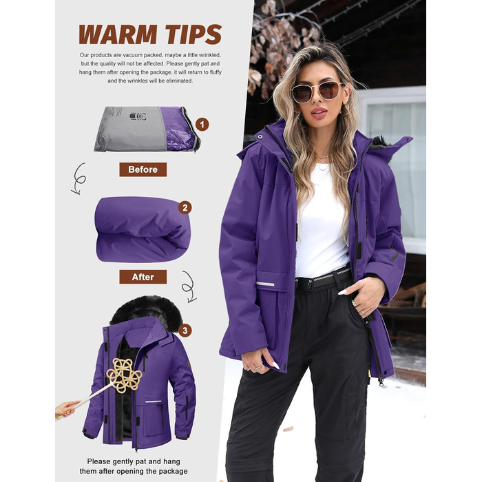 Водонепроникна зимова куртка Voqeen для сноубордингу та лижного спорту з флісовою підкладкою, відстібається капюшон, фіолетовий (L)