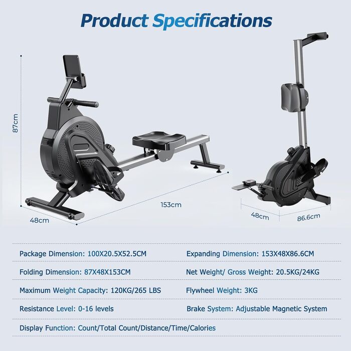 YOLEO Веслувальний тренажер магнітний, тихий для дому, 15 рівнів опору, LCD-дисплей, чорний та білий