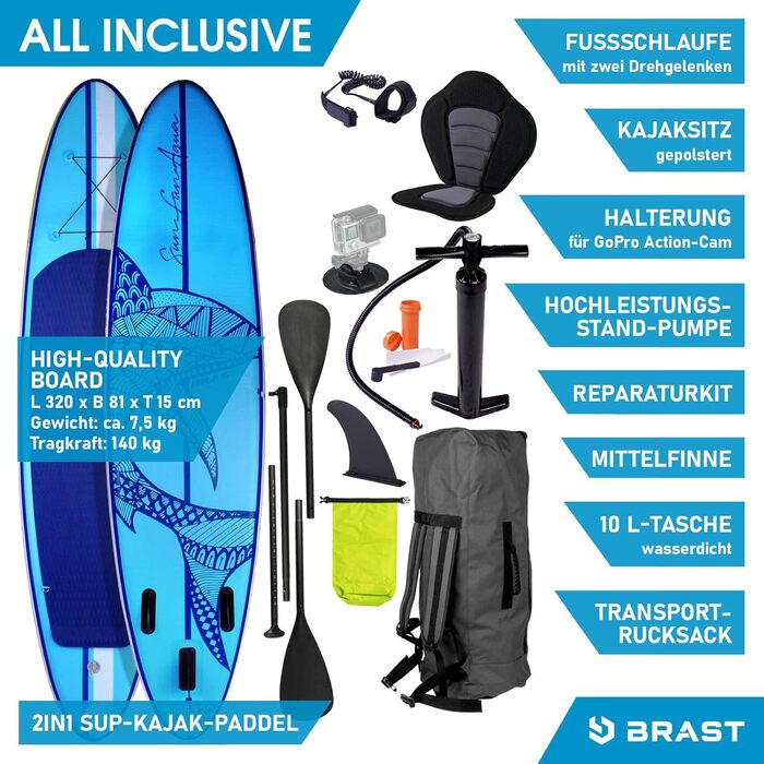 Надувна SUP-дошка BRAST Shark 300-320 см, комплект для веслування стоячи, 2-в-1 весло, сидіння для каяка, кріплення для екшн-камери, ремінець на ногу, насос, рюкзак, 5 років гарантії