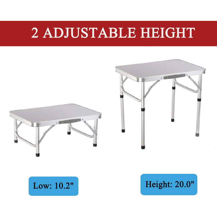 Складаний столик 60 см, портативний, для кемпінгу та пікніків, сад, на вулицю. Складаний стіл з алюмінієвим каркасом, регульована висота, 60 x 45 x 26 см, білий
