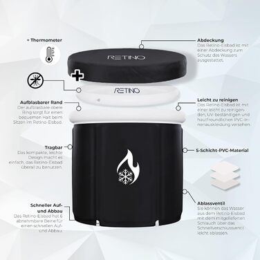 Ванна для криотерапії Retino™ XXL з кришкою, сидінням та термометром (Wim Hof Method)