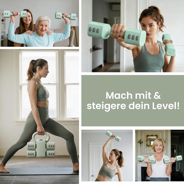Регульований гантельний комплект 2-в-1 для жінок – 4 рівні (1-5,5 кг) – обладнання для фітнесу вдома, зелені гантелі
