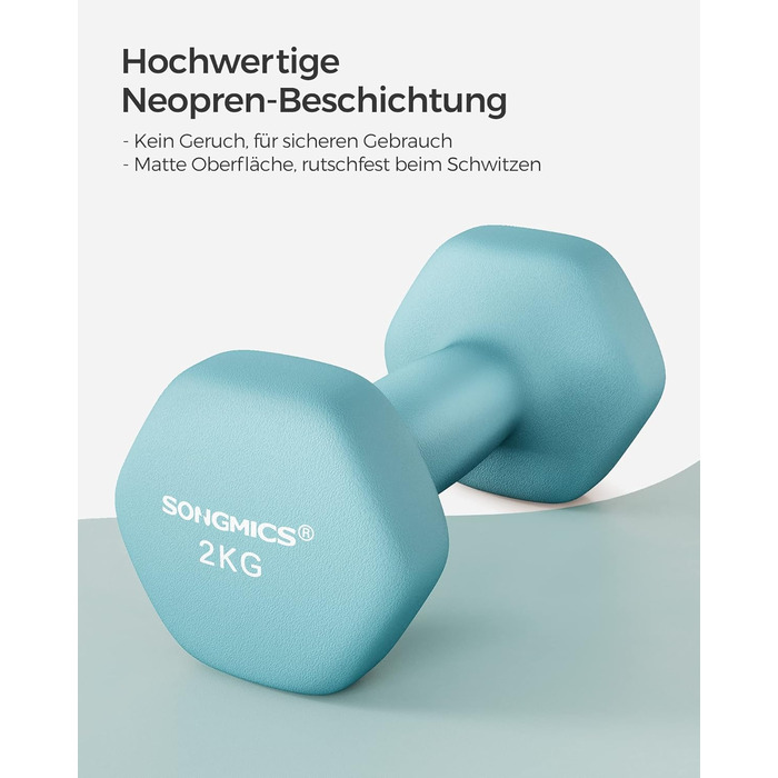 Гантелі SONGMICS 2×2 кг, набір гексагональних гантелей з неопреновим покриттям для фітнесу та силових тренувань вдома, блакитні