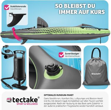tectake® Надувний каяк-каное для 1 особи з веслом, сидінням, насосом і сумкою для транспортування, для водного спорту, риболовлі та відпочинку