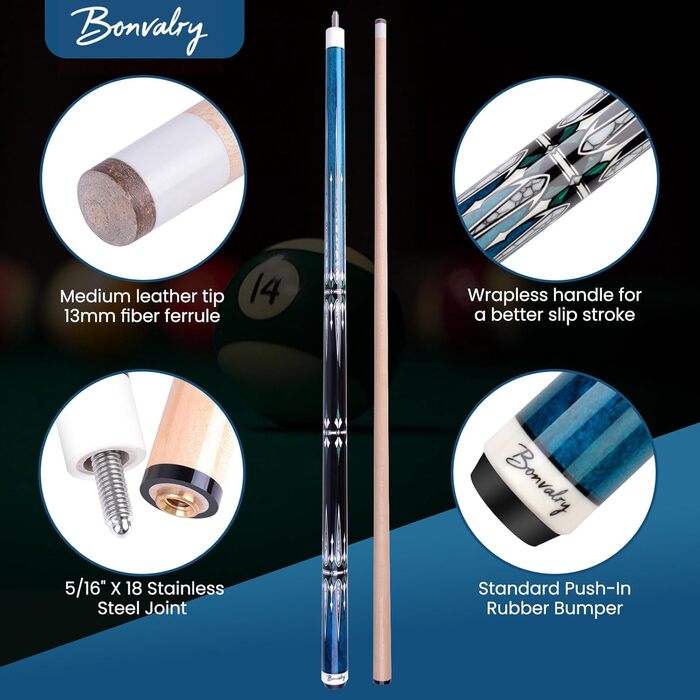 Набір для більярду Bonvalry Pool-Queue-Kit: якісний більярдний кий з обробленого клена, кейс та аксесуари (синій, 540 г)
