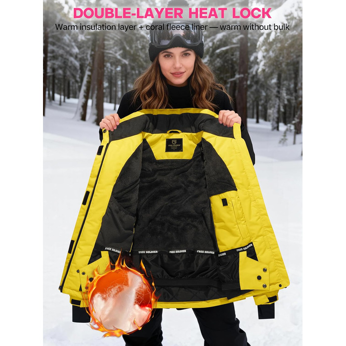 Жіноча водонепроникна куртка для катання на лижах FREE SOLDIER з флісовою підкладкою та капюшоном. Тепла зимова куртка-дощовик XXL, кремовий/жовтий колір