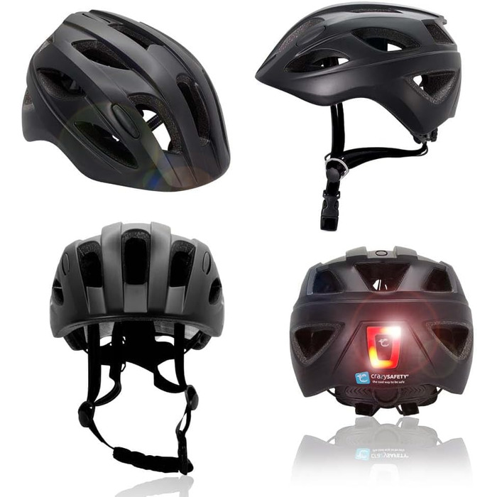 Дитячий велосипедний шолом Crazy Safety, чорний, 54-58 см, з USB-підсвіткою, для дітей 6-12 років, для велосипеда, скейтборда, роликів, регульований