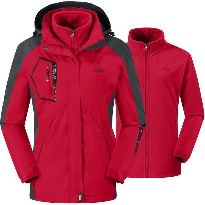 Жіноча куртка 3-в-1 для активного відпочинку: вітро- та вологозахисна з флісовою підкладкою, з капюшоном (Червоний, XXL)