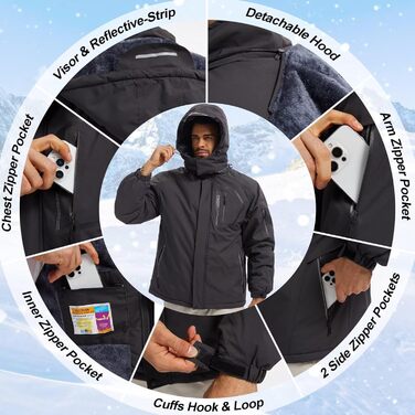 Чоловіча лижна куртка QPNGRP, водонепроникна, ізольована, зимова, 5 кишень на блискавці (S, темно-сірий)