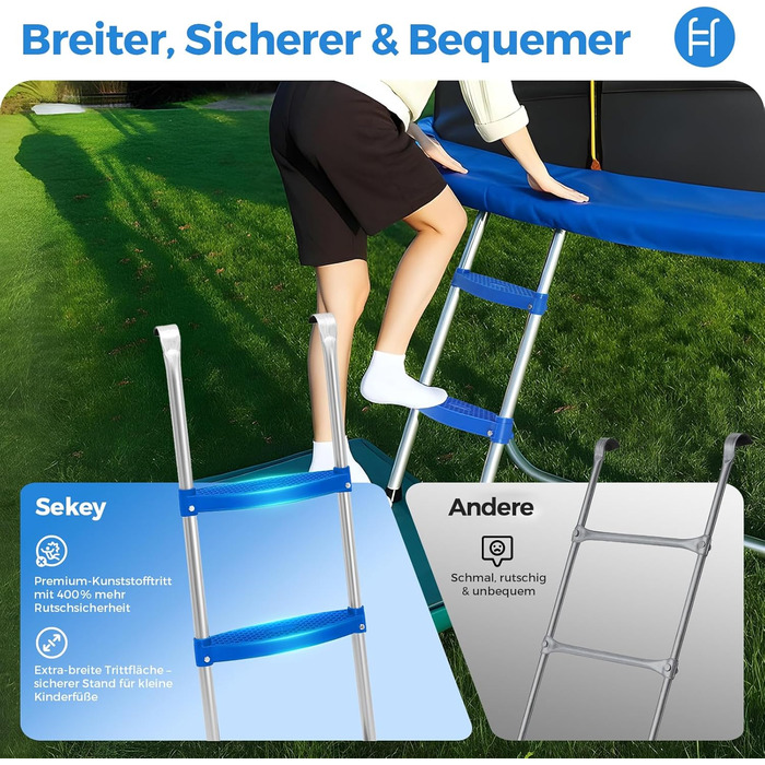 Батут Sekey Outdoor 244/305/366 см - сертифікований TÜV Rheinland GS, дитячий, для саду, з безпечним мотузковим драбиною, посиленим захисним сіткою та захисним бортиком, блакитний (305 см/10 футів)